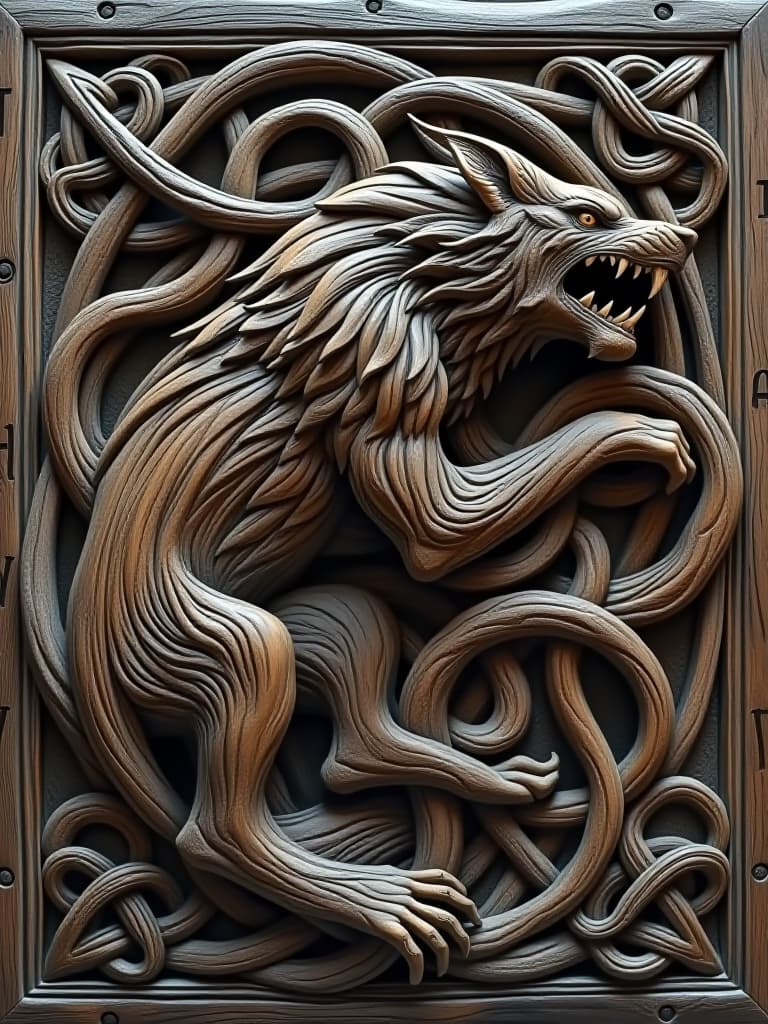  an ancient, gnarled bog oak panel, weathered and worn, bearing intricate celtic and norse knotwork designs. creepy fenrir, the wolf of legend, emerges from the wood, its twisted form bursting forth in a frenzy of chaos. ragnarok, the end of days, is upon us, as the knotwork seems to writhe and twist, unleashing a torrent of primal energy. the wood grain itself appears to be a living, breathing entity, pulsing with the raw power of the ancient woods. runic scripts adorn the panel, whispering secrets of a long forgotten era. the atmosphere is one of foreboding and dread, as if the very fabric of reality is about to tear asunder