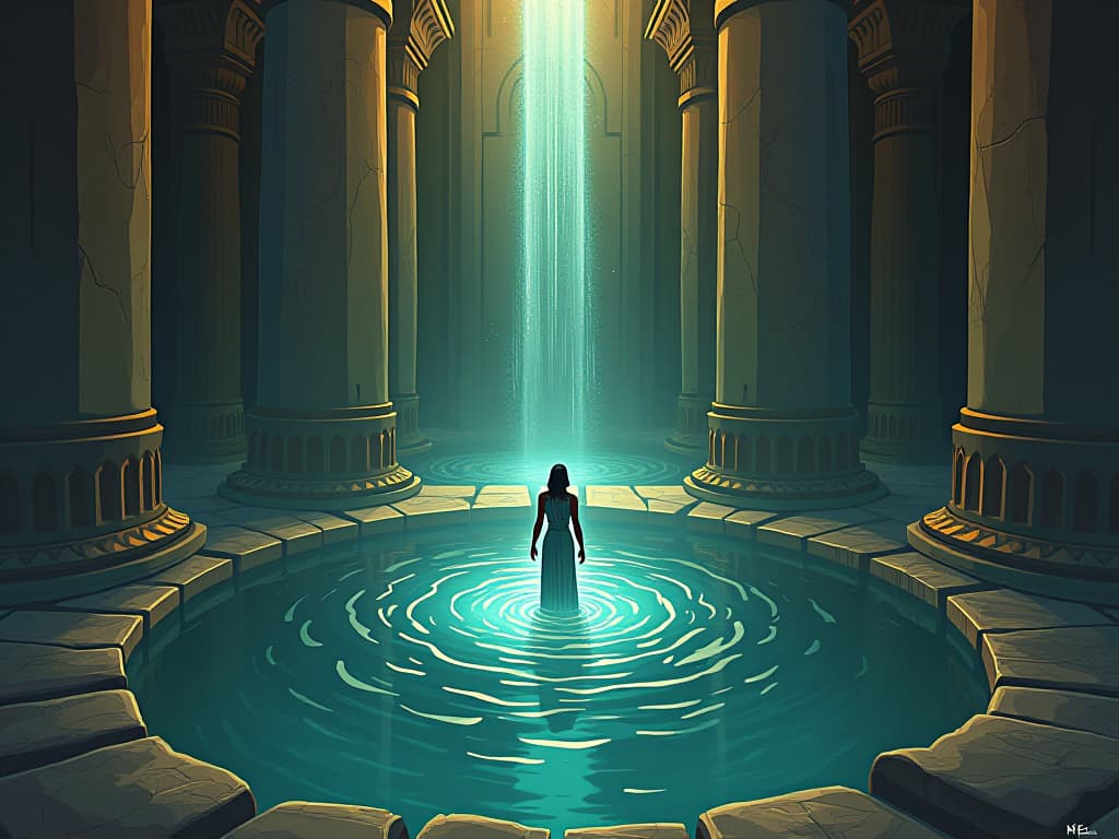  deep well of shimmering water, encircled by ancient stone carvings, reflecting a calming light, aura of empathy and kindness. the style is digital art illustration / modern comic book / mysterious occult, symbolic, esoteric vibe,high detail on character design, incorporating ancient egyptian symbology and attire.