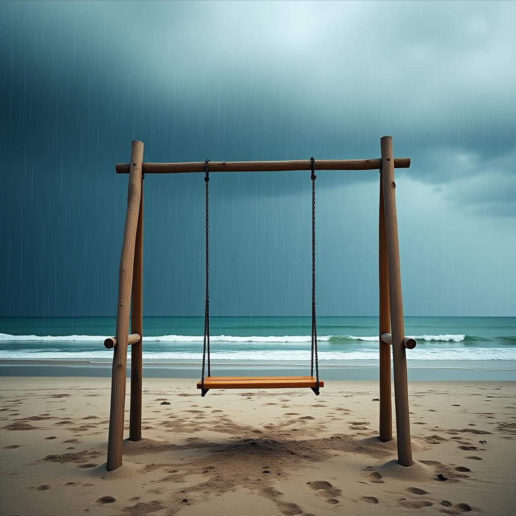  swing on the beach, raining cloud above pouring on the swing, cheerful