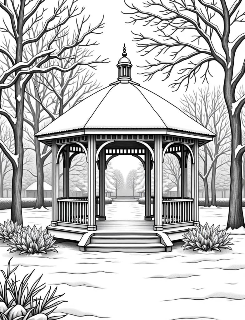  this is for an adult coloring page. a detailed black and white line art of a snowy snow covered gazebo in a winter park on a solid white background.