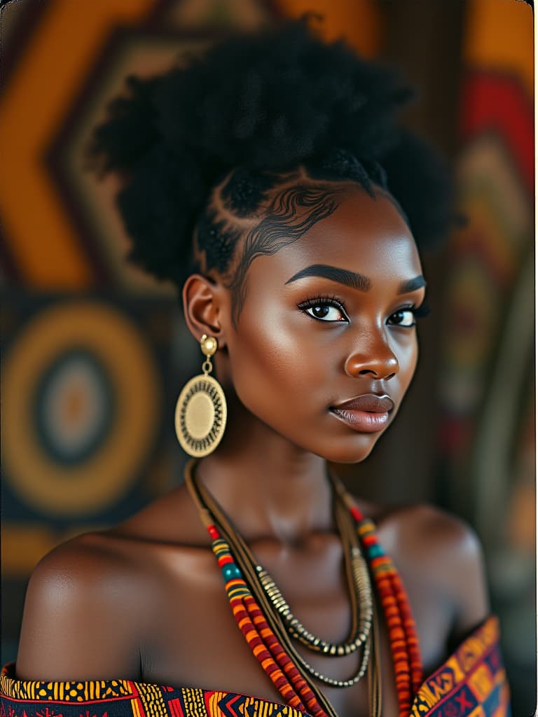  this unedited 8k photograph captures a nordic woman with a unique hairstyle, portrayed in stunning, hyperrealistic detail using a 200mm f/2.8 telephoto lens. the image features sharp focus, symmetrical balance, and is enhanced with hdr and bright, soft, diffused light. it showcases an african style, defined by rich colors, tribal patterns, natural materials, and cultural motifs, amidst dense furnishings and decorations. the photo retains a raw, intricate charm, professionally color graded and topped with the distinctive texture of polaroid 600 film grain.