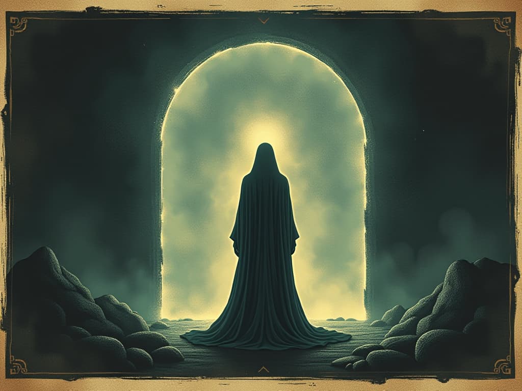  person standing before a shimmering portal, otherworldly glow, silhouetted figure, portal edges pulsate with light, ethereal an illustration in the style of a worn, mystical old tarot trump card, mysterious and elements of surrealism. the colors are muted, somber and eerie, but with contrast bring out an occult and esoteric vibe.