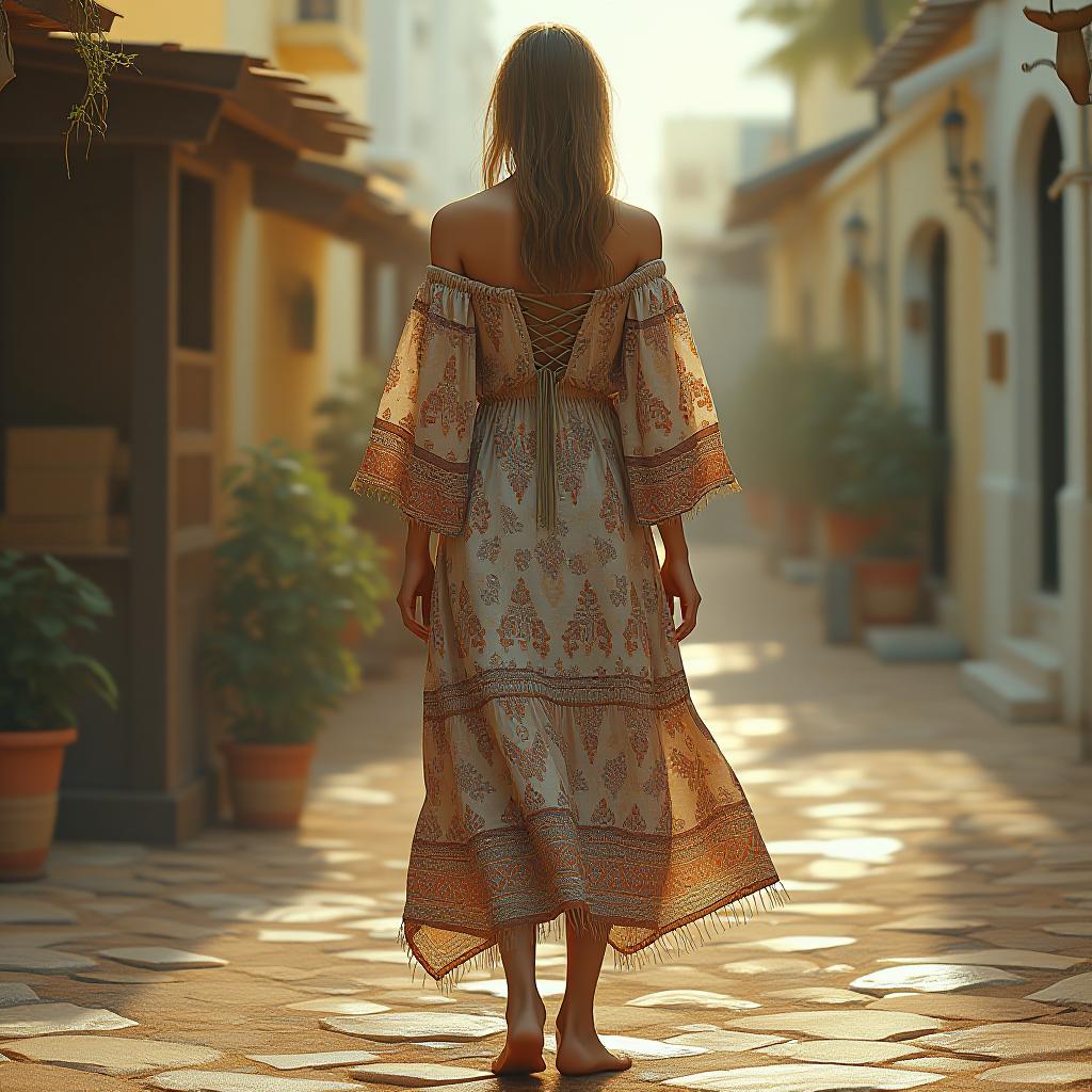  "design a midi length, off shoulder summer dress with loose fitting, bell sleeves that end at the elbows. the neckline should be wide, with a shallow v shape. the dress should have a gathered, elasticized waist and a flowy, flared skirt. use a lightweight linen fabric with a geometric pattern in warm earth tones. the hemline should be asymmetrical with fringed edges. the back should feature a low cut, laced design for a bohemian style."  hyperrealistic, full body, detailed clothing, highly detailed, cinematic lighting, stunningly beautiful, intricate, sharp focus, f/1. 8, 85mm, (centered image composition), (professionally color graded), ((bright soft diffused light)), volumetric fog, trending on instagram, trending on tumblr, HDR 4K, 8K