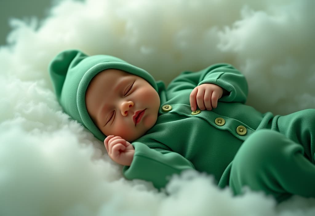  hyperrealistic art a newborn girl in a green new year's suit sleeps in a cloud. light photos in the afternoon. the baby's showing up. . extremely high resolution details, photographic, realism pushed to extreme, fine texture, incredibly lifelike hyperrealistic, full body, detailed clothing, highly detailed, cinematic lighting, stunningly beautiful, intricate, sharp focus, f/1. 8, 85mm, (centered image composition), (professionally color graded), ((bright soft diffused light)), volumetric fog, trending on instagram, trending on tumblr, HDR 4K, 8K