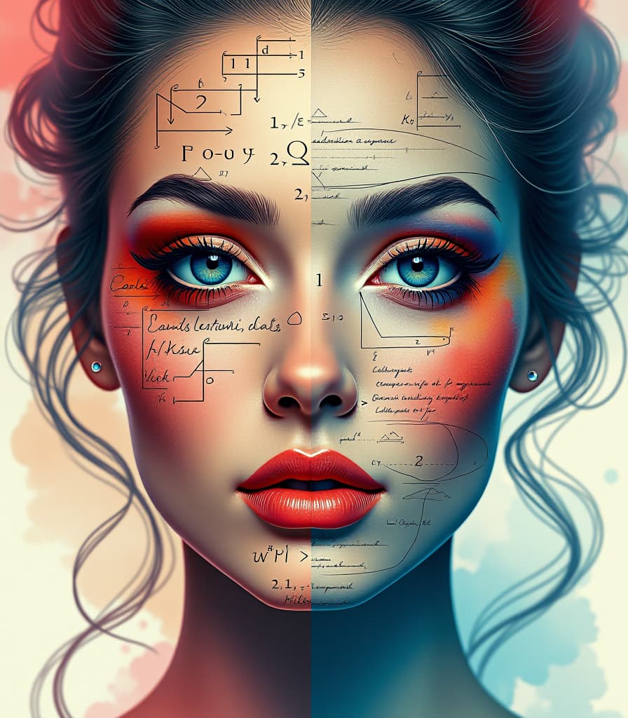  digital art, (diptych:1.4), portrait of abstract woman's face split on half, (left side of face covered math formulas:1.3), photo realistic, right (side of face glamor make up:1.2) watercolor wash manga anime, two parts in one art, surrealism style hyperrealistic, full body, detailed clothing, highly detailed, cinematic lighting, stunningly beautiful, intricate, sharp focus, f/1. 8, 85mm, (centered image composition), (professionally color graded), ((bright soft diffused light)), volumetric fog, trending on instagram, trending on tumblr, HDR 4K, 8K