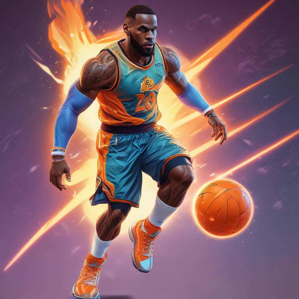 distance-shot, flashy, full-body, dynamic, holographic, animated cartoon poster of lebron james in the style of dragon ball super