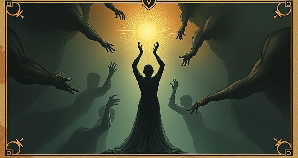  a figure holding a radiant orb high above, surrounded by dark shadows trying to grasp it, resilient stance, divine light, perseverance. an illustration in the style of a worn, mystical old tarot trump card, mysterious and elements of surrealism. the colors are muted, somber and eerie, but with contrast bring out an occult and esoteric vibe.