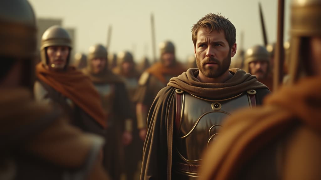  history of biblical times, gideon observing the remaining soldiers, showing worry and determination amidst the last 300 men. hyperrealistic, full body, detailed clothing, highly detailed, cinematic lighting, stunningly beautiful, intricate, sharp focus, f/1. 8, 85mm, (centered image composition), (professionally color graded), ((bright soft diffused light)), volumetric fog, trending on instagram, trending on tumblr, HDR 4K, 8K