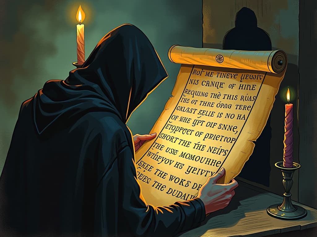  ancient parchment with runes, glowing softly, figure in cloak examining it under candlelight, mood of discovery and enlightenment. an illustration in the style of a worn, mystical old tarot trump card, mysterious and elements of surrealism. the colors are muted, somber and eerie, but with contrast bring out an occult and esoteric vibe.