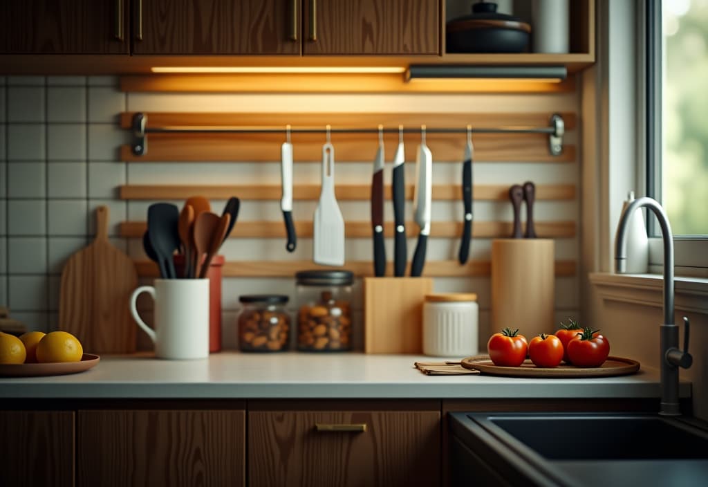  a landscape photo of a close up of innovative small kitchen storage solutions, including pull out pantry shelves, magnetic knife strips, and under sink organizers hyperrealistic, full body, detailed clothing, highly detailed, cinematic lighting, stunningly beautiful, intricate, sharp focus, f/1. 8, 85mm, (centered image composition), (professionally color graded), ((bright soft diffused light)), volumetric fog, trending on instagram, trending on tumblr, HDR 4K, 8K