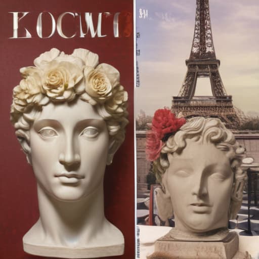 Book cover of book entitled LUDOVIC (in a vogue type font at top of page) a romance novel cult book cover aesthetic, with a collage below the title LUDOVIC featuring : a bacchus head like a Roman statue, a champagne glass, keith baring flower head drawing, and an Eiffel Tower in Mythological style with City background