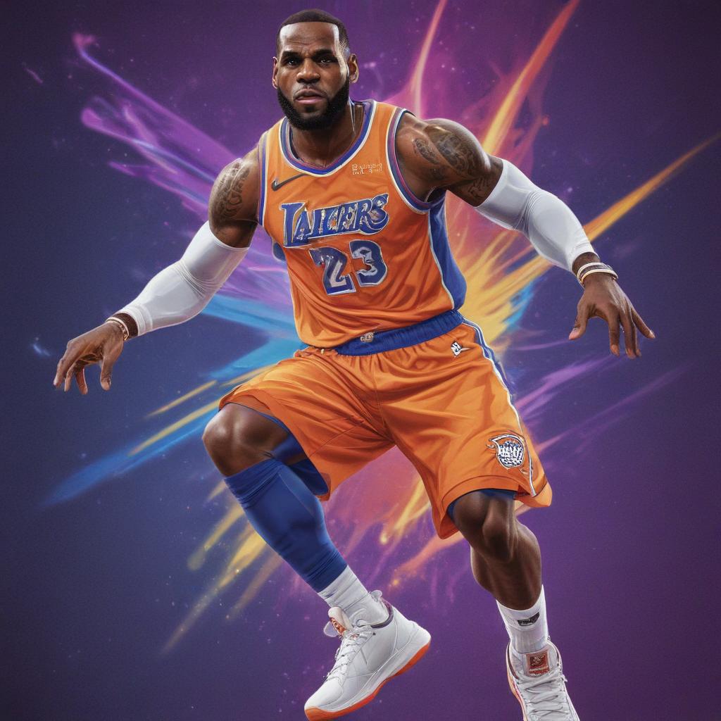 distance-shot, flashy, full-body, dynamic, holographic, animated cartoon poster of lebron james in the style of dragon ball super