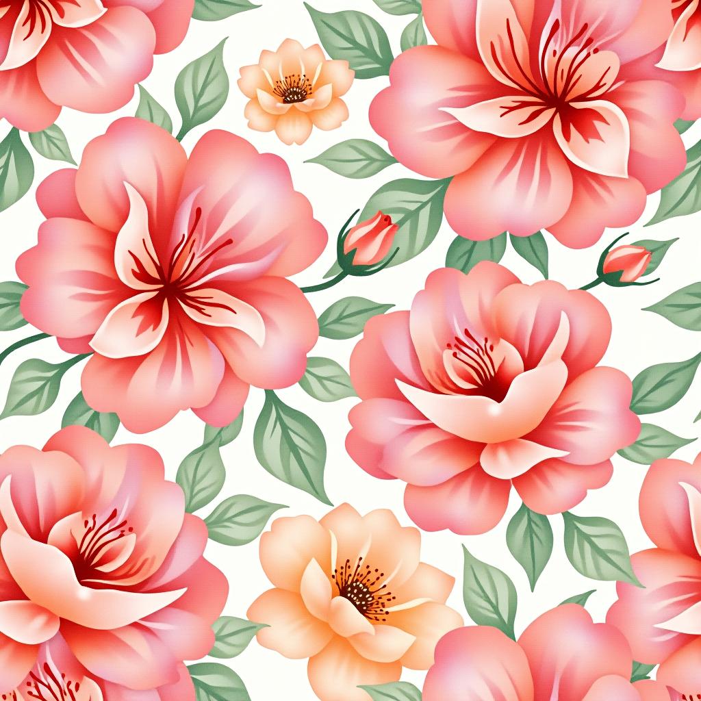  create a seamless digital design featuring a pattern of large, beautiful flowers with soft, watercolor like effects. the flowers should cover the entire surface, creating a bold, elegant, and continuous look. the overall style should be light and airy, with delicate leaves and petals to enhance the natural, floral theme. the design should be seamless to ensure it can be used in repeating patterns or wraps.