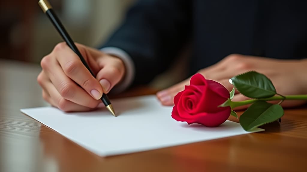  a man's hand writes a love letter to his girlfriend, with one beautiful fresh red rose.