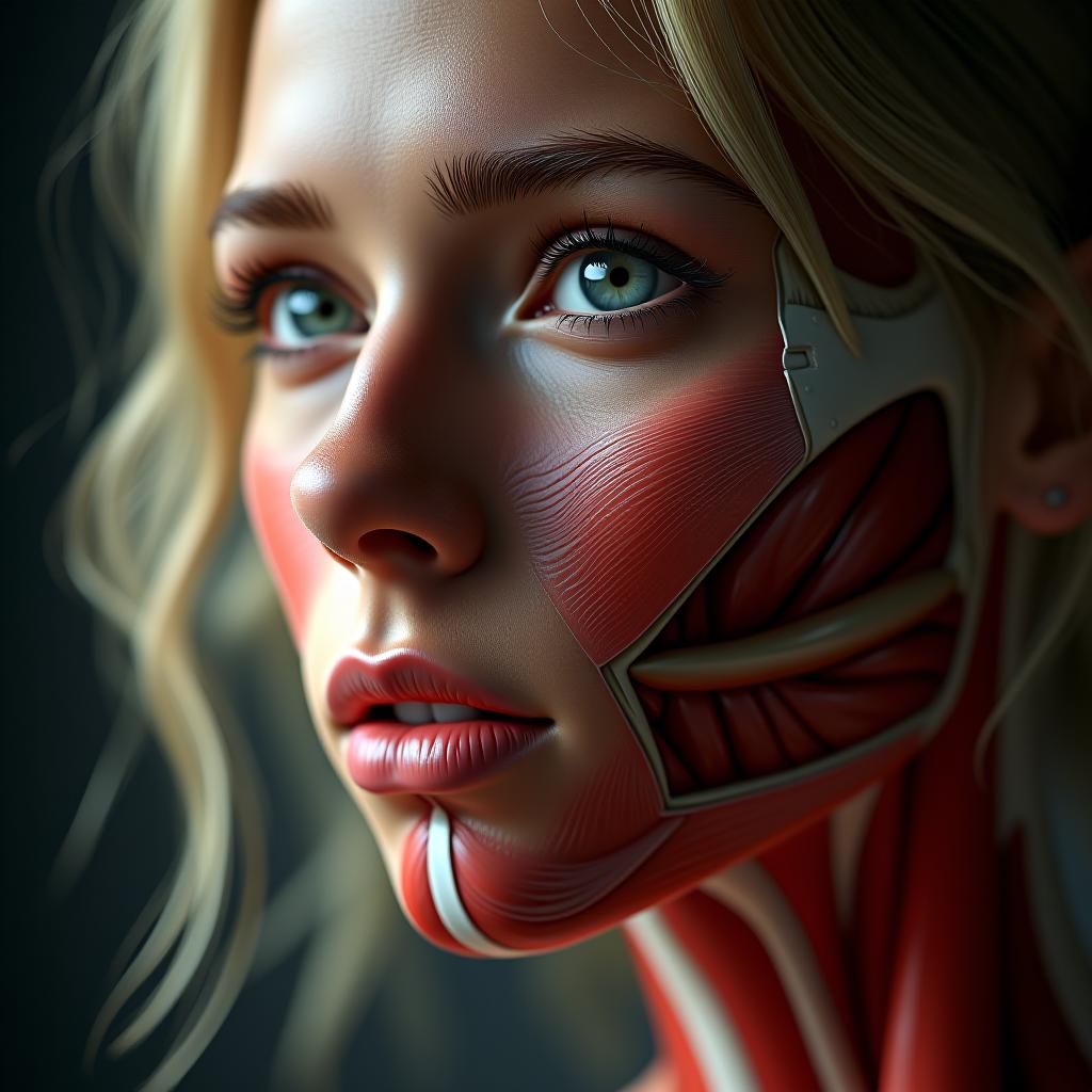  anatomy image of the mimical muscles on the face, the forehead, the cheeks, the chin of a beautiful woman blonde in the anfas hyperrealistic, full body, detailed clothing, highly detailed, cinematic lighting, stunningly beautiful, intricate, sharp focus, f/1. 8, 85mm, (centered image composition), (professionally color graded), ((bright soft diffused light)), volumetric fog, trending on instagram, trending on tumblr, HDR 4K, 8K