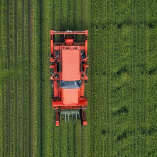 red harvester in green field viewed from very high above