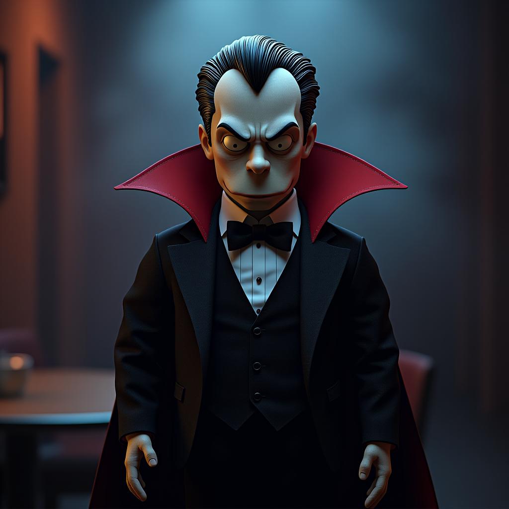  a vampire, the simpson style hyperrealistic, full body, detailed clothing, highly detailed, cinematic lighting, stunningly beautiful, intricate, sharp focus, f/1. 8, 85mm, (centered image composition), (professionally color graded), ((bright soft diffused light)), volumetric fog, trending on instagram, trending on tumblr, HDR 4K, 8K