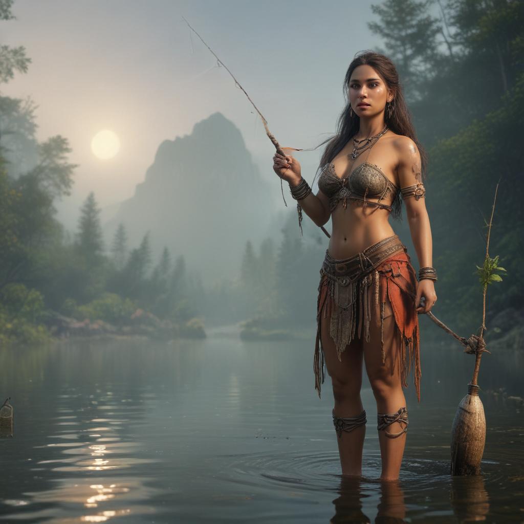 ((masterpiece)),(((best quality))), 8k, high detailed, ultra detailed, sexy tribe woman fishing, tribe woman, fishing, (serene natural environment), (handcrafted fishing spear), (tribal decorations), (mystical atmosphere) hyperrealistic, full body, detailed clothing, highly detailed, cinematic lighting, stunningly beautiful, intricate, sharp focus, f/1. 8, 85mm, (centered image composition), (professionally color graded), ((bright soft diffused light)), volumetric fog, trending on instagram, trending on tumblr, HDR 4K, 8K