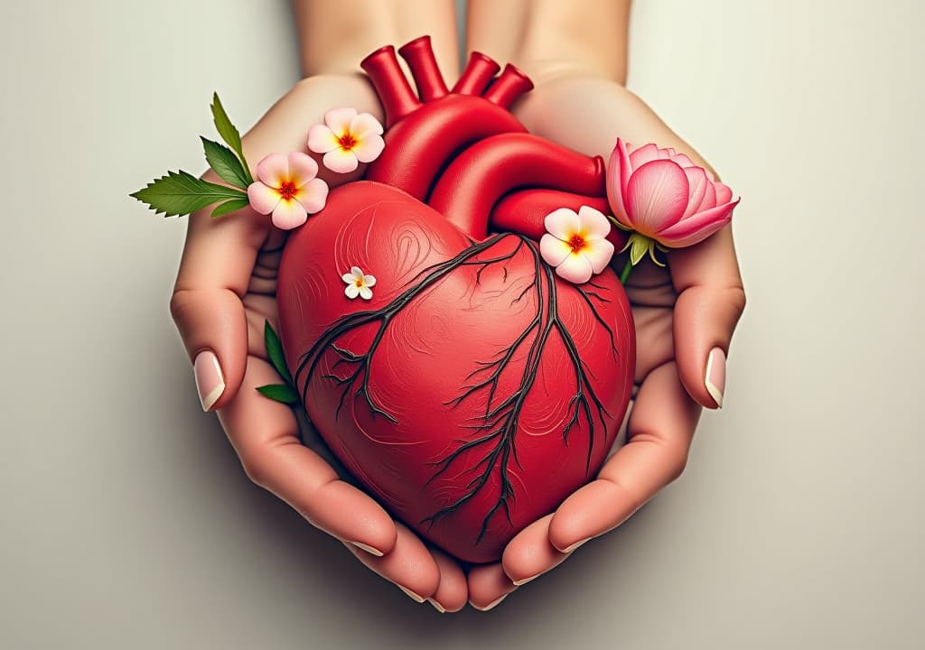  human heart with flowers, love and emotion concept, good hearted person, help and charity,