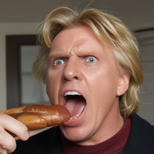 angry gary busey with buttered sausage in face