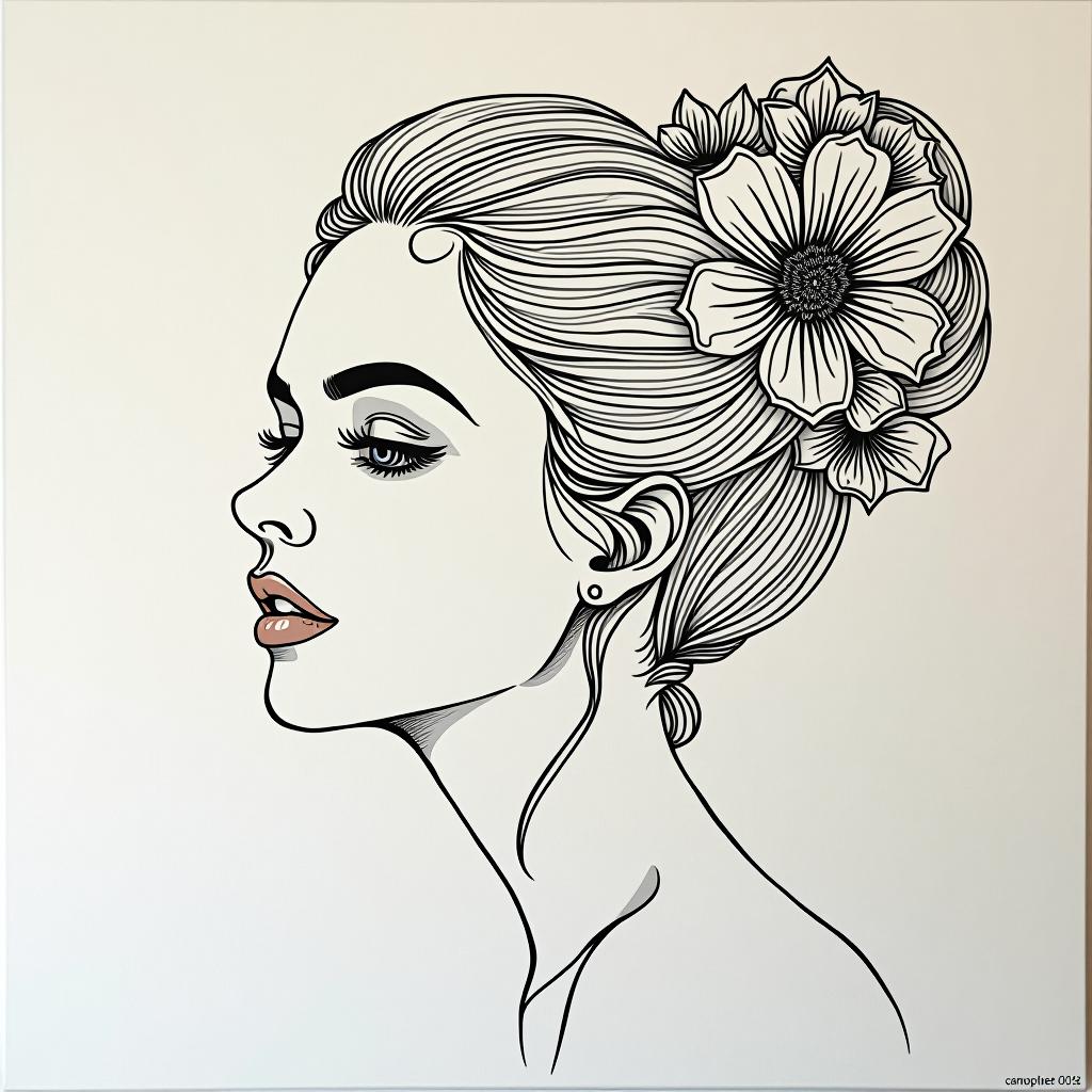  line art drawing oil painting. rough relief image . relief canvas. in the style of a fly, modern, a young slavic woman with a light hairstyle decorated with flowers. . professional, sleek, modern, minimalist, graphic, line art, vector graphics