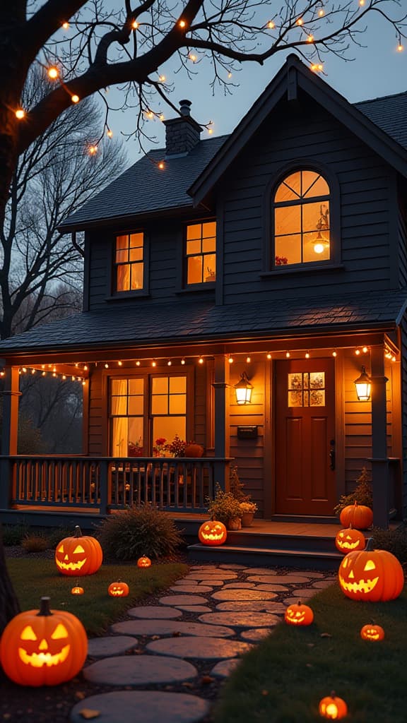  real estate photography style halloween interior with pumpkin of a private house, modern cozy style, glow garland ar 9:16 . professional, inviting, well lit, high resolution, property focused, commercial, highly detailed