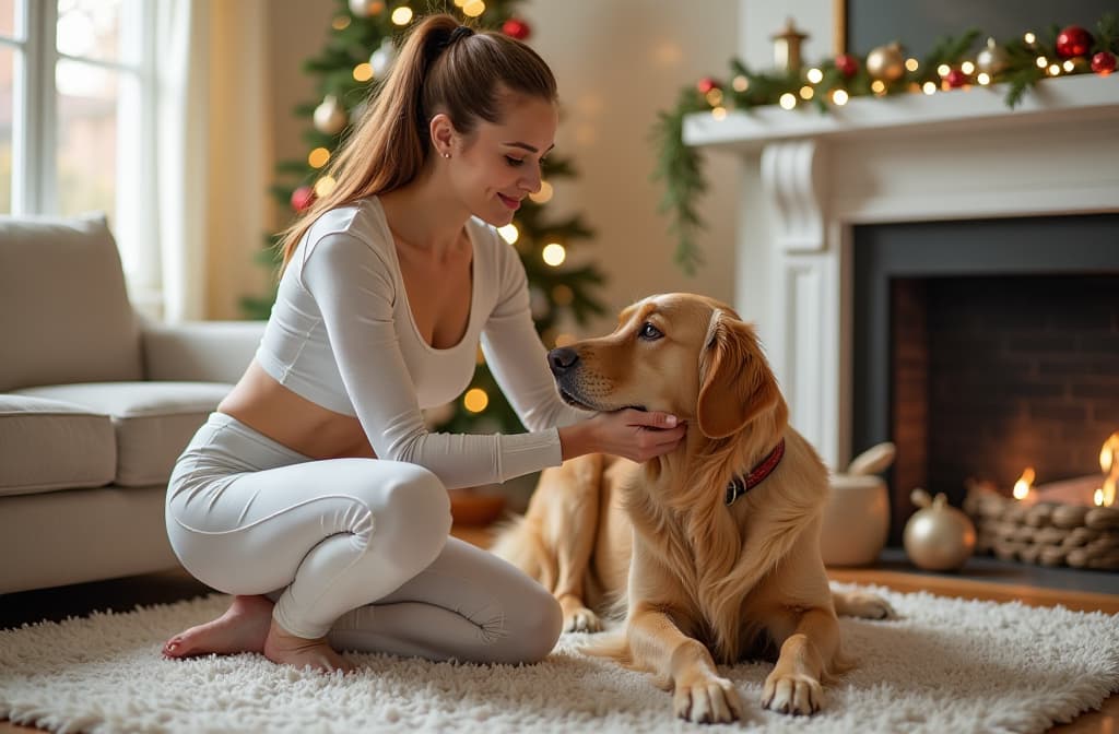  woman in light leggings and long sleeve top for sports petting her golden retriever dog on a sports rug in a bright living room decorated for christmas {prompt}, maximum details