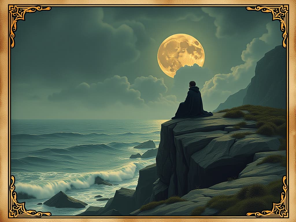  a lone figure sitting on a rocky outcrop by the sea, gazing at the horizon, gentle waves, a sanctuary of solitude and connection. an illustration in the style of a worn, mystical old tarot trump card, mysterious and elements of surrealism. the colors are muted, somber and eerie, but with contrast bring out an occult and esoteric vibe.