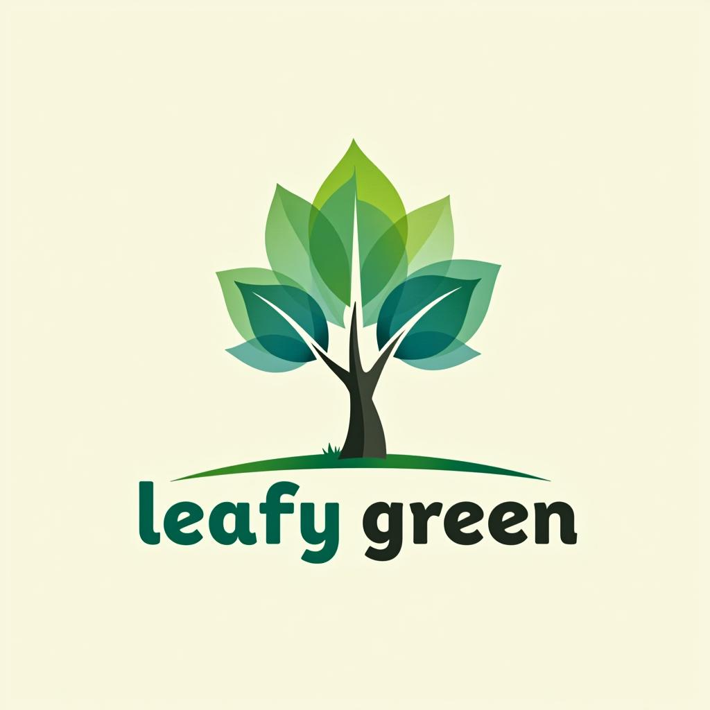  design a logo, watercolor style, logo of a tree, green and blue, with the text 'leafy green'.