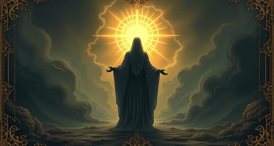  a radiant figure surrounded by an aura of light, standing against a backdrop of swirling shadows, unwavering stance, symbol of divine opposition to darkness. an illustration in the style of a worn, mystical old tarot trump card, mysterious and elements of surrealism. the colors are muted, somber and eerie, but with contrast bring out an occult and esoteric vibe.