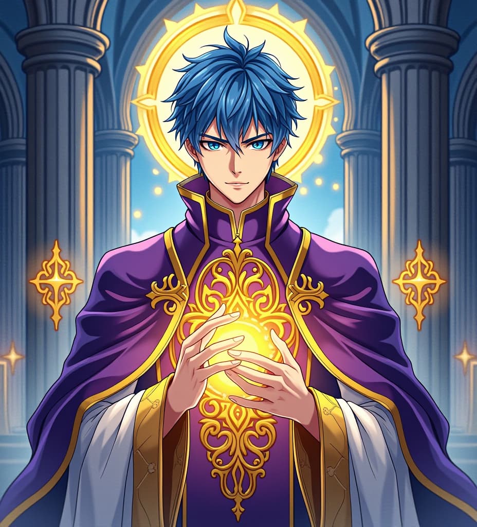  anime, anime sytle, anime image, cartoon, real cartoon, real anime, a captivating watercolor light novel cover tittled with the text “the sole paragon by noan knight" in golden letters in the middle. the central figure is a handsome young priest with blue hair and blue eyes, wearing a stunning purple and golden priestly robe. he gazes intensely at the viewer, his hands illuminated by a golden halo of light. the background is an cathedral reminiscent of a manhwa or anime poster.