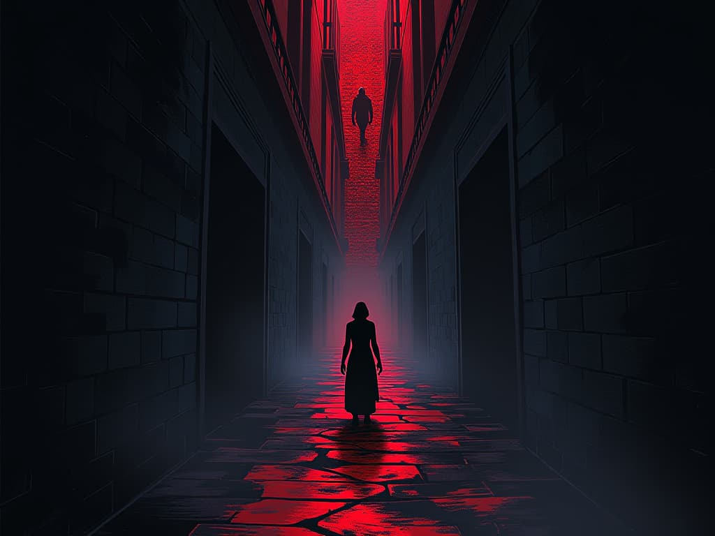  dark labyrinth, narrow pathways, confusing turns, atmosphere of confusion and regret. the style is digital art illustration / modern comic book / graphic dark novel fantasy and mysterious occult, symbolic, moody lighting, esoteric vibe,high detail on character design. for the color scheme emphasize blacks and reds.