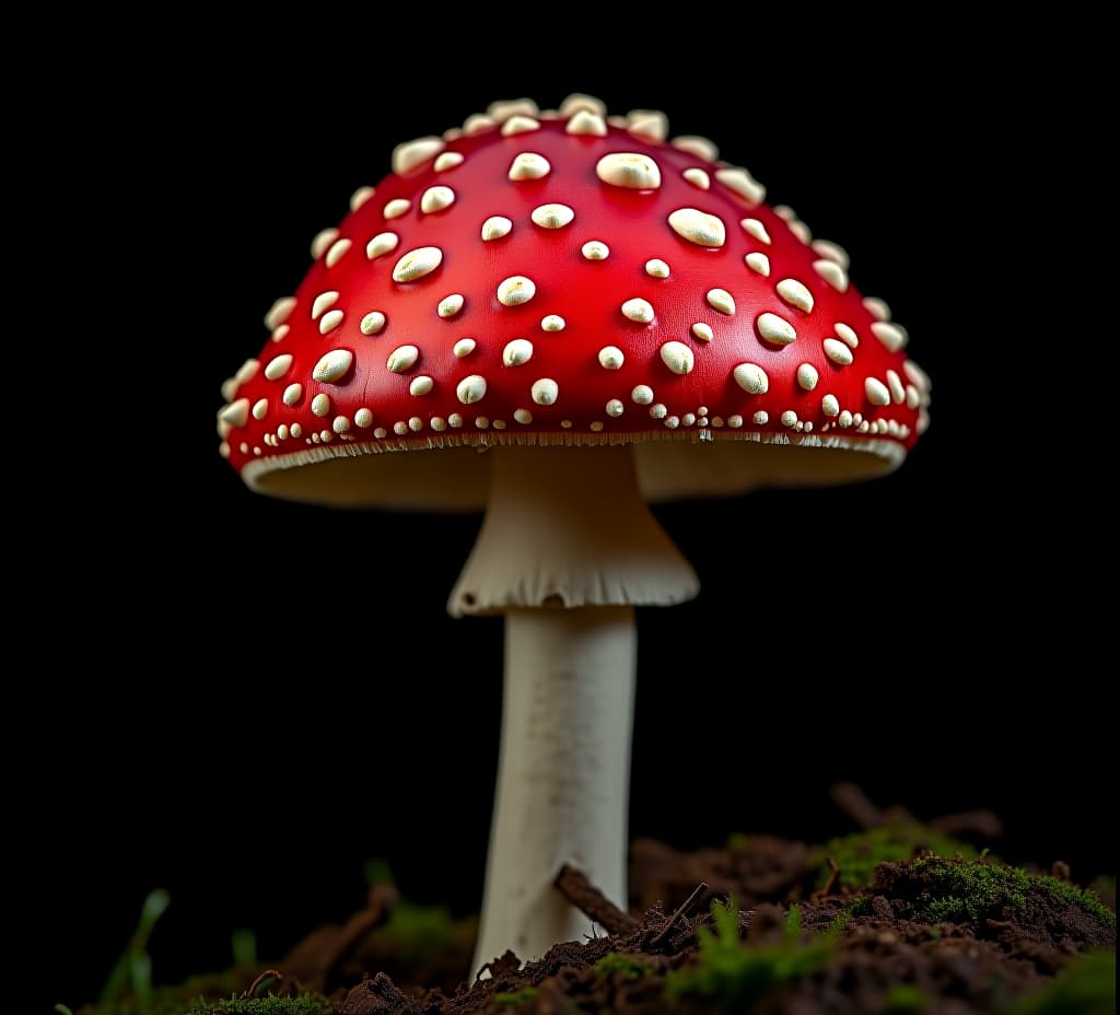  fly agaric mushroom (amanita muscaria), showing its characteristic red cap with white spots, close up, black background 4k wallpaper