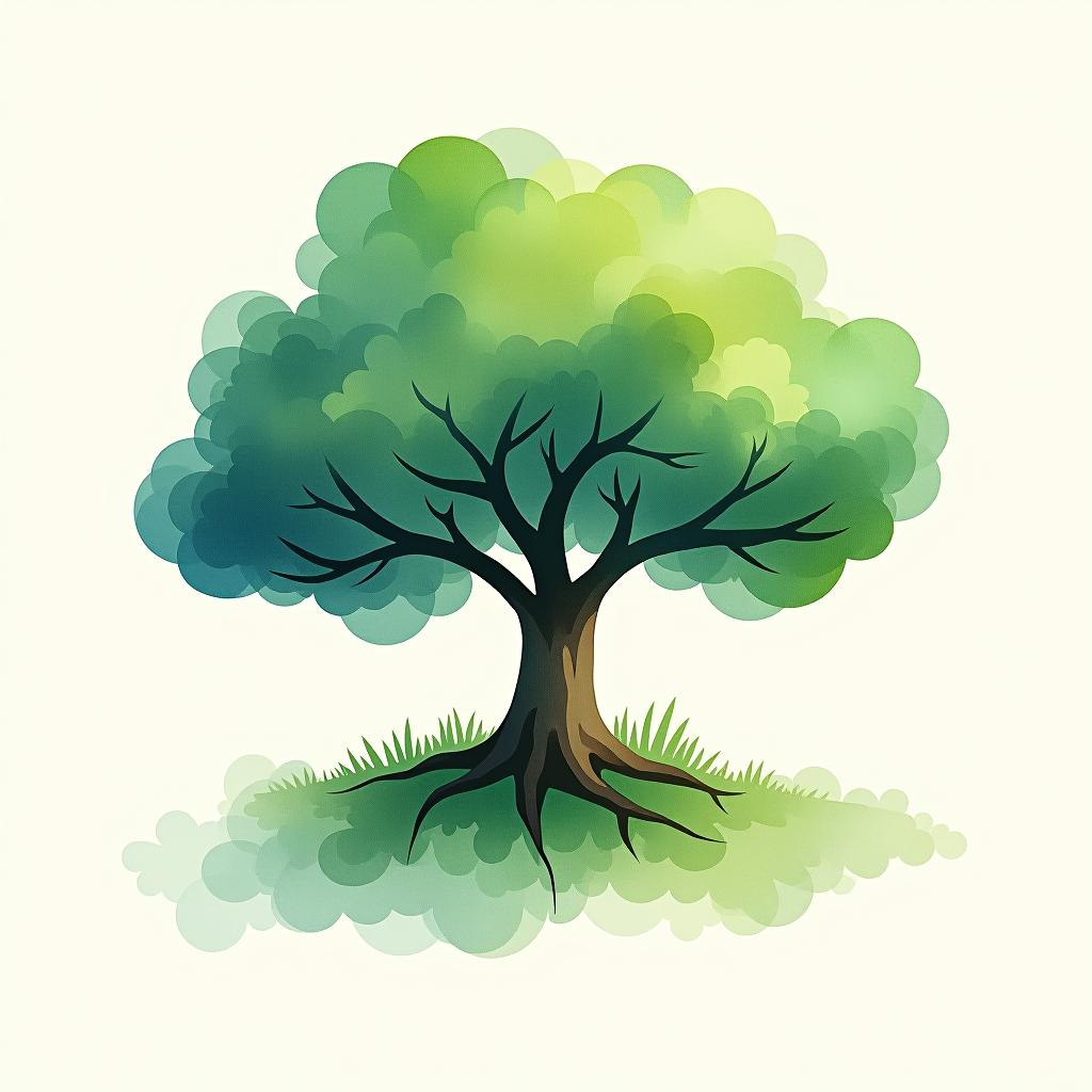  logo, watercolor style, logo of a tree, green and blue