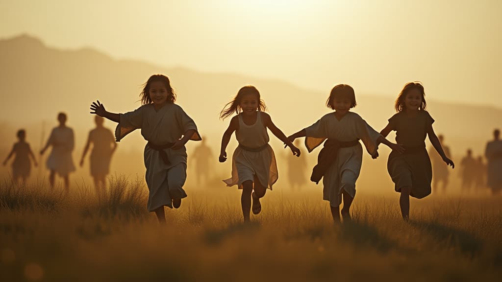  history of biblical times, children playing joyfully in the renewed land after the flood, representing innocence and hope for the future. hyperrealistic, full body, detailed clothing, highly detailed, cinematic lighting, stunningly beautiful, intricate, sharp focus, f/1. 8, 85mm, (centered image composition), (professionally color graded), ((bright soft diffused light)), volumetric fog, trending on instagram, trending on tumblr, HDR 4K, 8K