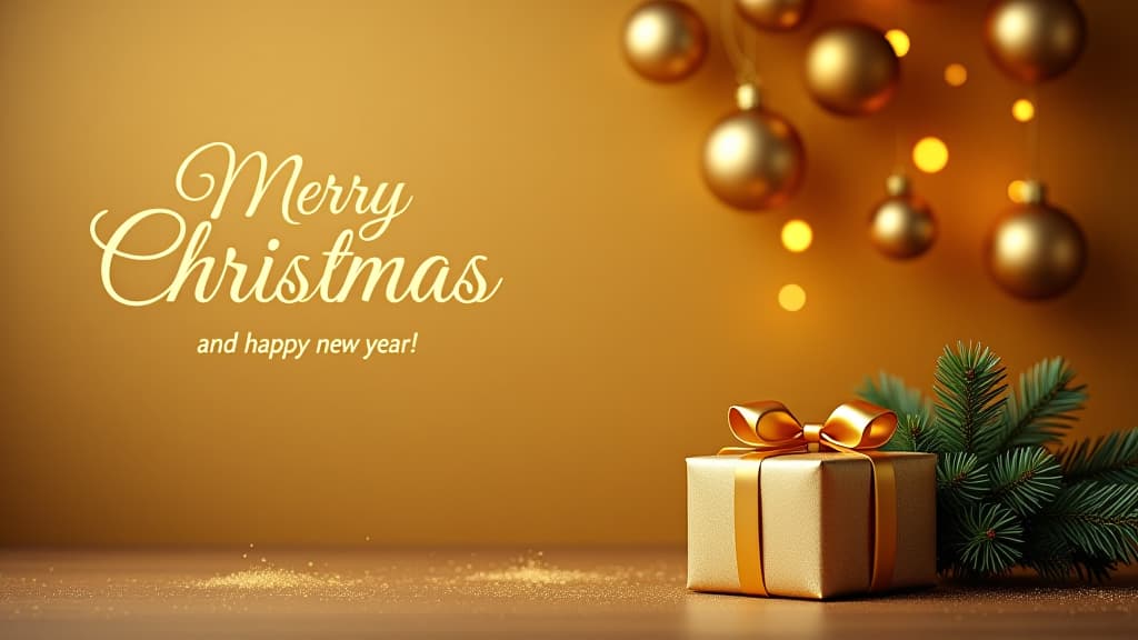  professional photo style stock design capturing the essence of 'christmas background': a backdrop painted in deep gold tones, upon which golden baubles of various sizes hang. 'merry christmas' is penned in a sophisticated style, with the added sentiment of 'and happy new year!' below. a shimmering gift box, tied with a gold ribbon, is a focal point, complemented by a mesmerizing trail of sparkles. a fresh spruce branch introduces an organic element.