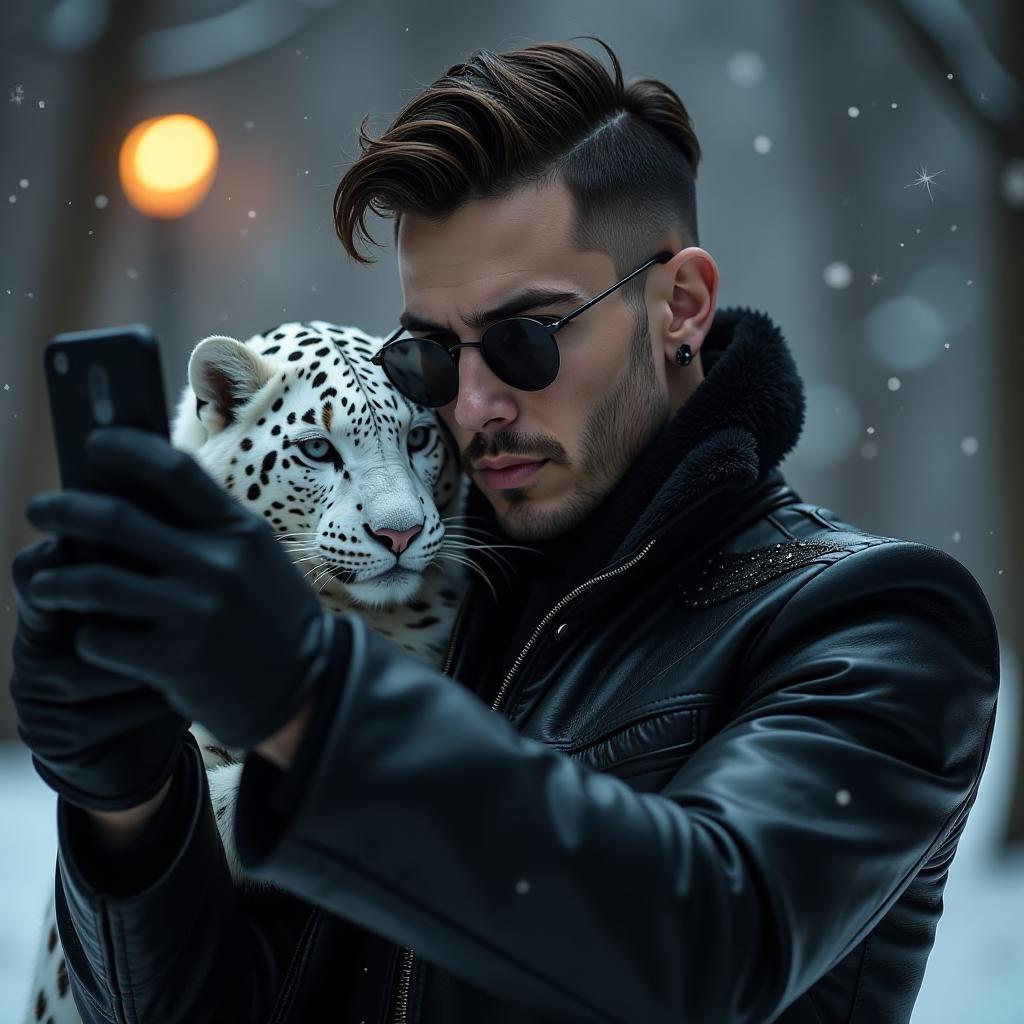  gothic style a handsome man, in a leather outfit, with a white leopard, takes a photo of himself on his phone, against a winter background, at night, close up . dark, mysterious, haunting, dramatic, ornate, detailed