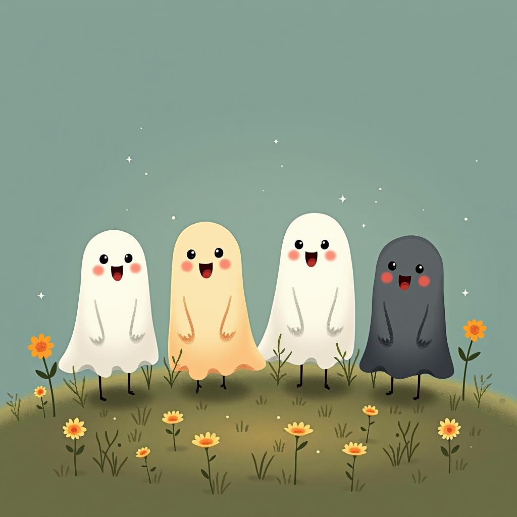  create a digital illustration featuring a row of four or five cute, cartoonish ghost characters, each with a different appearance, standing in different positions within sparse, life like wildflowers.