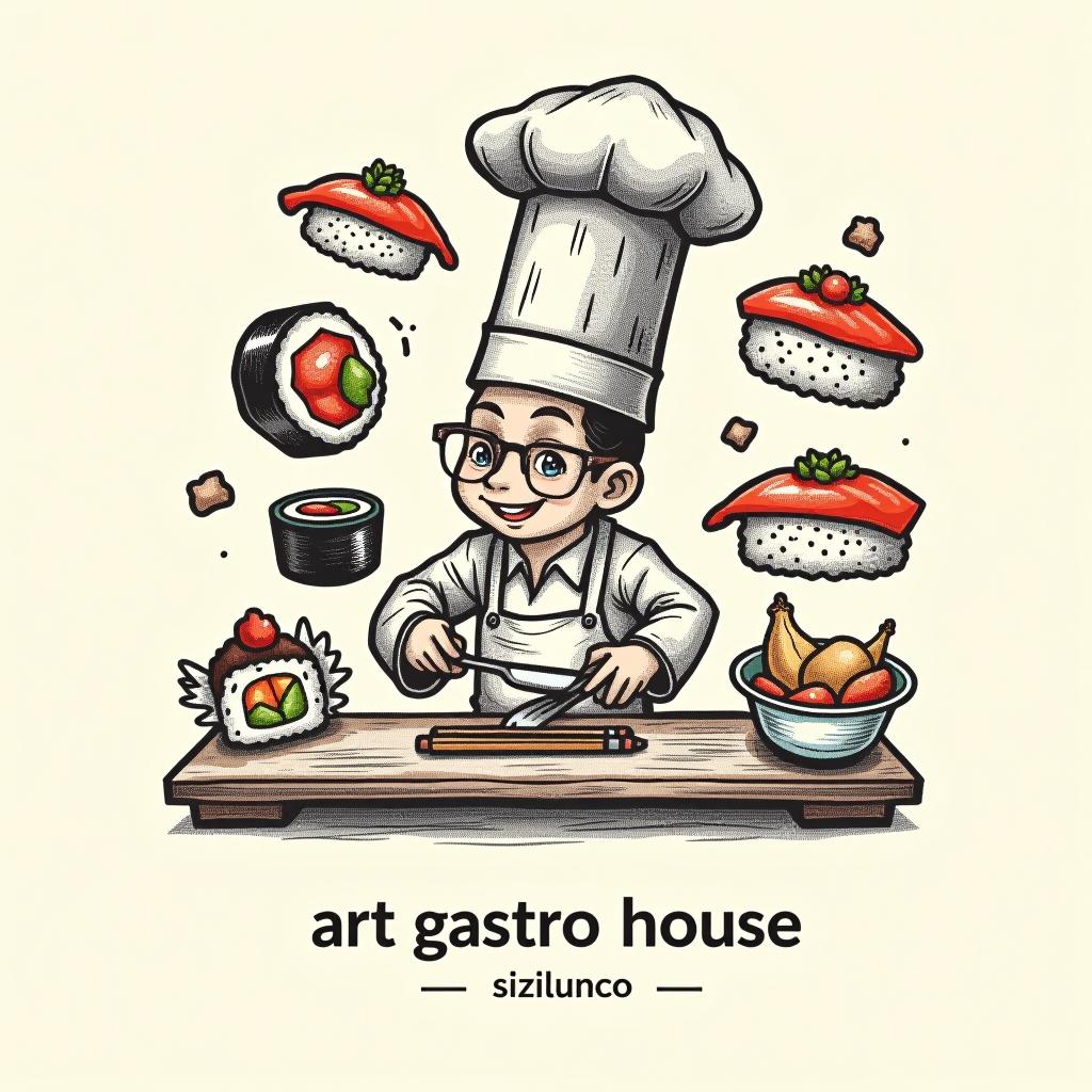  design a logo, in a pencil style. fundo branco silhueta de cozinheiro montando prato de sushi, entregas de comida , with the text 'art gastro house'.