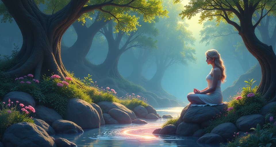  a mystical garden with a glowing stream, an ethereal figure meditating beside it, radiating spiritual mastery. the style is digital art illustration,highly detailed, whimsical,magical, dreamlike atmosphere, realism and fantasy blend, smooth, glossy textures,luminous quality, wonder and enchantment.