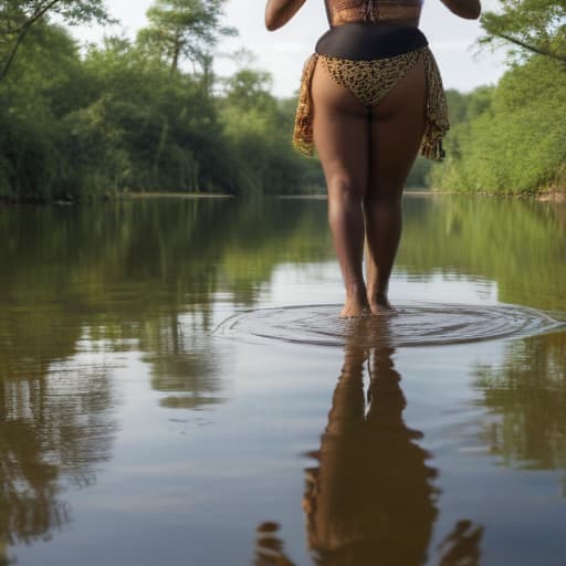 African woman with wide hips walking on the bottom of the lake