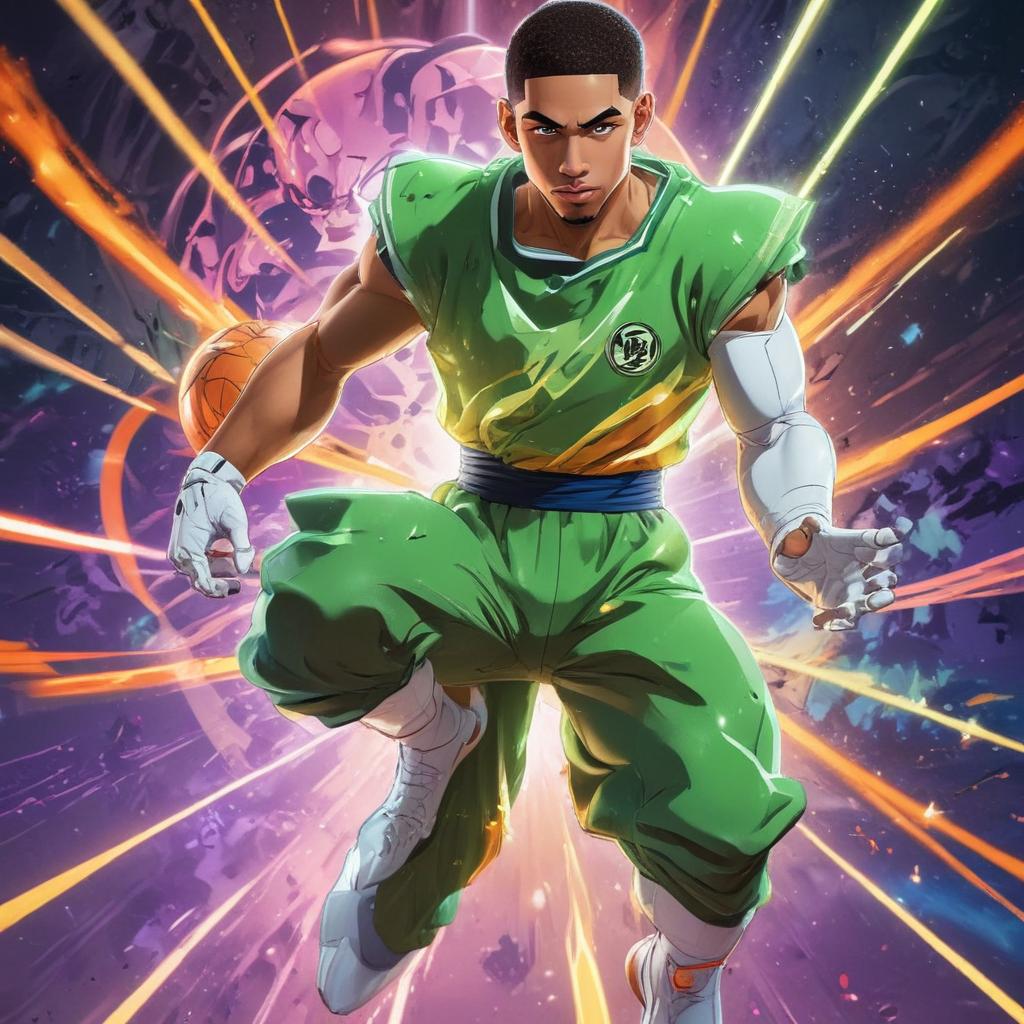 distance-shot, flashy, full-body, dynamic, holographic, animated cartoon poster of jayson tatum in the style of dragon ball super