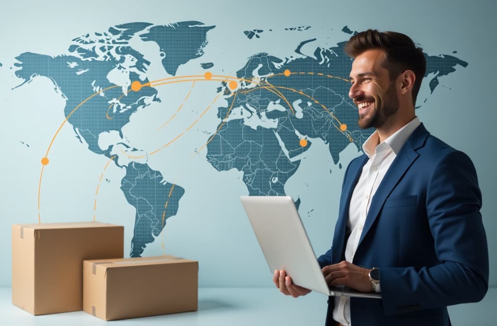  the background image is a world map with dotted lines connecting different countries. in the foreground are boxes with packages that "float" along the routes. on the right is a happy businessman with a laptop, symbolizing successful international deals. {prompt}, maximum details