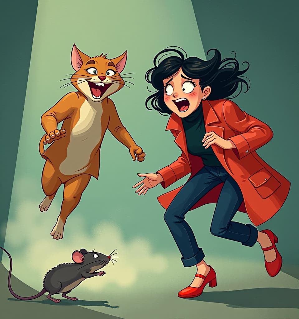  fashion editorial style a humorous illustration depicting a very frightened woman being chased by a mouse while a cat laughs in the background. exaggerated expressions and movements, bright colors, cartoon style. . high fashion, trendy, stylish, editorial, magazine style, professional, highly detailed hyperrealistic, full body, detailed clothing, highly detailed, cinematic lighting, stunningly beautiful, intricate, sharp focus, f/1. 8, 85mm, (centered image composition), (professionally color graded), ((bright soft diffused light)), volumetric fog, trending on instagram, trending on tumblr, HDR 4K, 8K