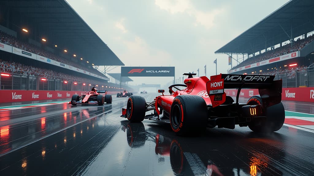  create an ultra realistic image showcasing a formula 1 race scene in singapore. include a detailed track layout with vivid weather effects like scattered clouds and a hint of rain. highlight mclaren's logo prominently on their car's rear wing, drawing attention to the controversial element. capture the intensity of drivers preparing for a potentially chaotic start. show intricate technical adjustments being made, emphasizing the strategic depth of formula 1. incorporate the weather symbol, a sle