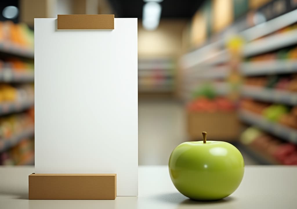  green apple next to white banner in supermarket for copy space advertisement