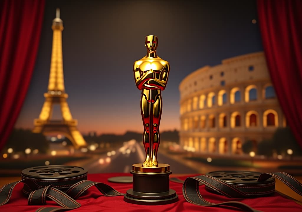  a vintage film set with a golden oscar statuette, surrounded by iconic european landmarks, such as the eiffel tower and colosseum, with a backdrop of a starry night sky and film reels. hyperrealistic, full body, detailed clothing, highly detailed, cinematic lighting, stunningly beautiful, intricate, sharp focus, f/1. 8, 85mm, (centered image composition), (professionally color graded), ((bright soft diffused light)), volumetric fog, trending on instagram, trending on tumblr, HDR 4K, 8K