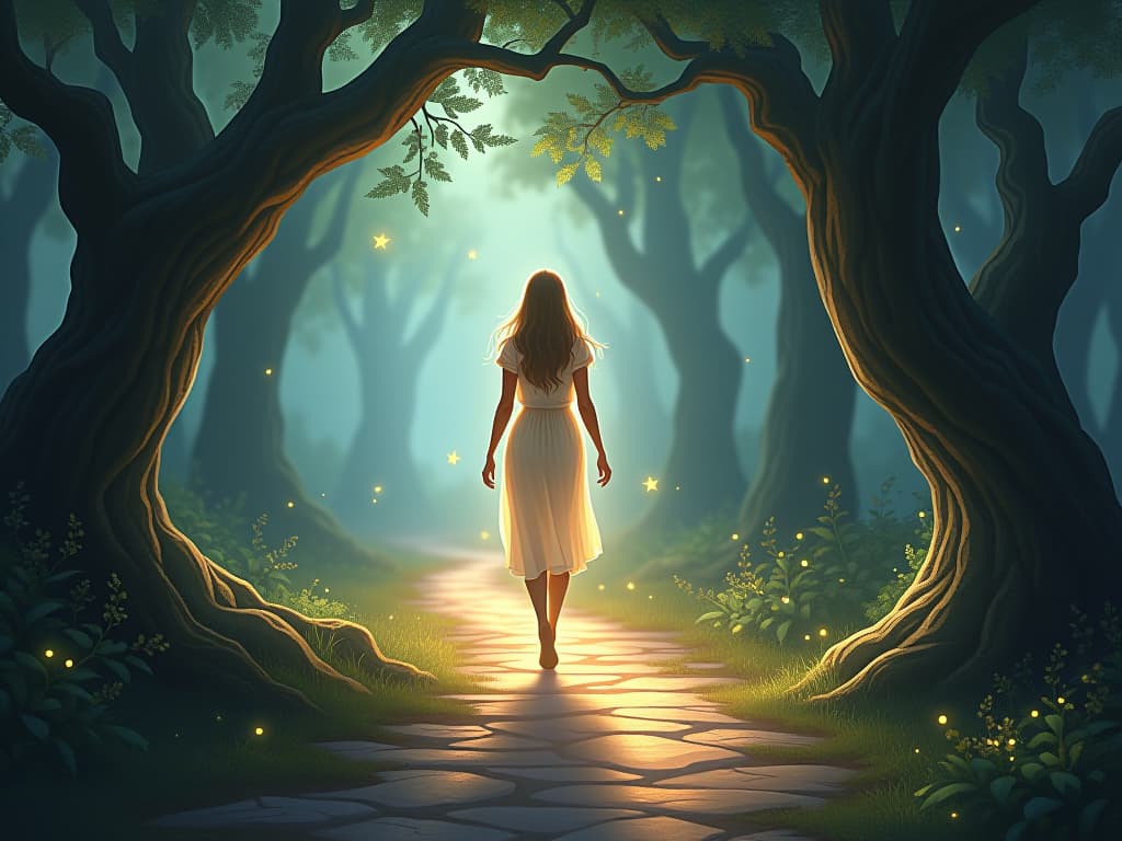  a luminous figure stepping forward on a winding, enchanted path. ethereal lights and glowing symbols guide the way, surrounded by ancient trees and soft, magical light.. the style is digital art illustration,highly detailed, whimsical,magical, dreamlike atmosphere, realism and fantasy blend, smooth, glossy textures,luminous quality, wonder and enchantment.