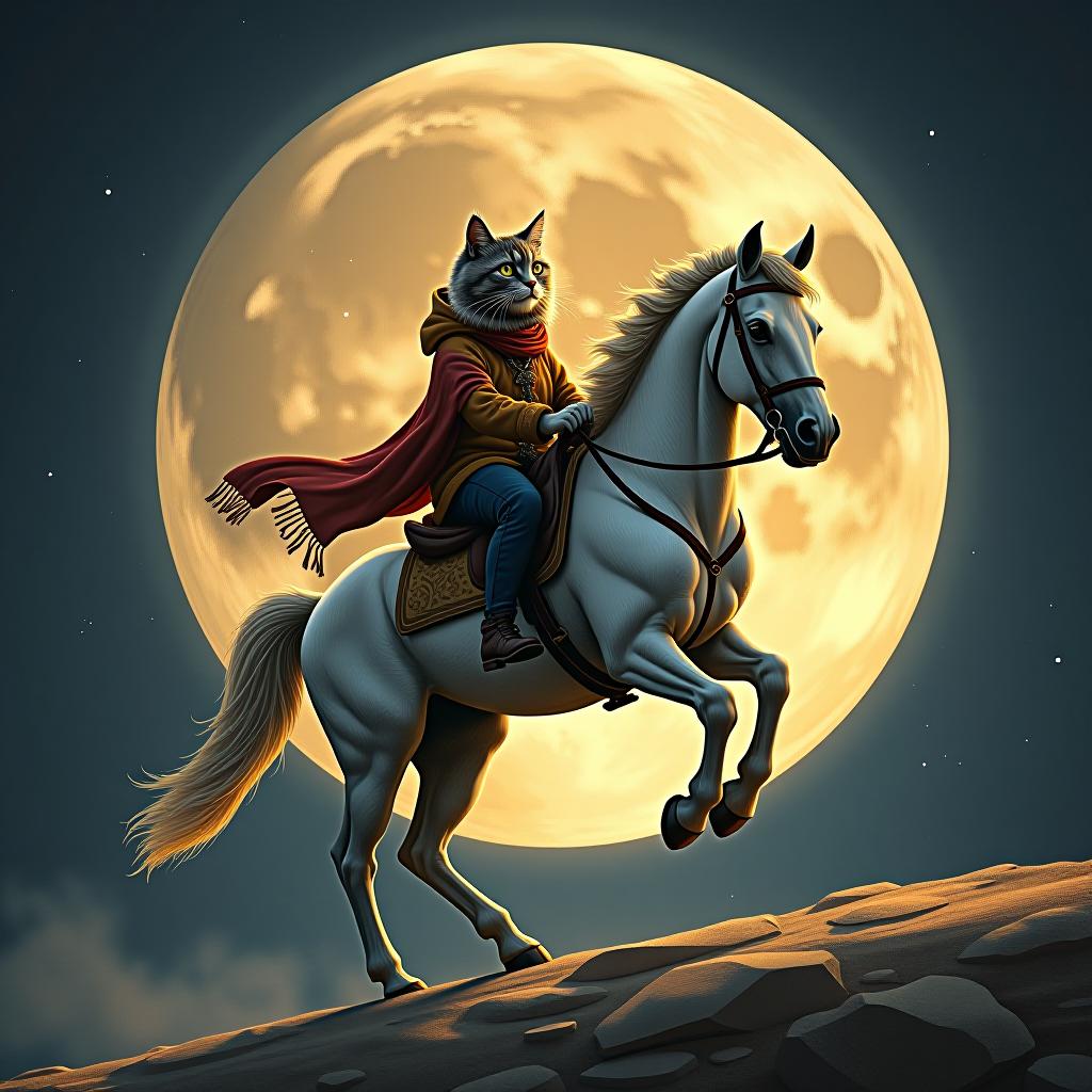  a cat riding a horse, hand drawn, on the moon, studio light, hdr 4k hyperrealistic, full body, detailed clothing, highly detailed, cinematic lighting, stunningly beautiful, intricate, sharp focus, f/1. 8, 85mm, (centered image composition), (professionally color graded), ((bright soft diffused light)), volumetric fog, trending on instagram, trending on tumblr, HDR 4K, 8K