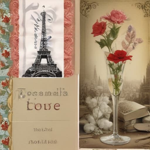 A Book cover of a book entitled LUDOVIC (printzd all capktals art ttop, in a vogue type font at top of page) a romance novel cult book cover aesthetic, with a collage below the title LUDOVIC featuring : a bacchanalia head, a champagne glass, keith baring flower head drawing, and an Eiffel Tower in Mythological style with City background